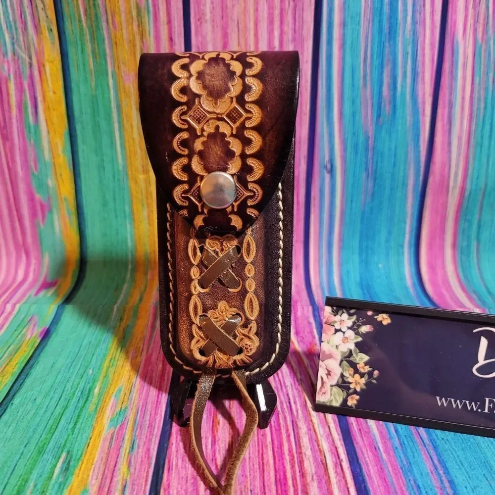 🔷️Ornate Vintage Oval Tooled Leather Belt Loop Knife Sheath or Case